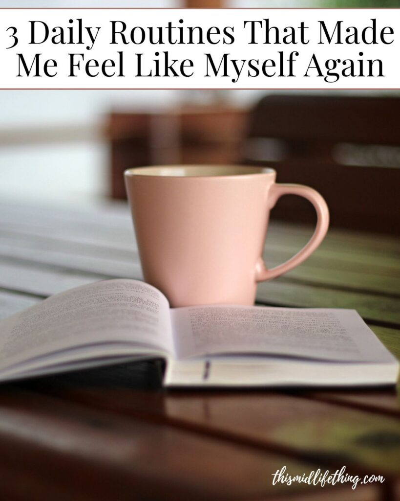 Cozy morning scene with coffee, journal, and soft light – daily routines for midlife women