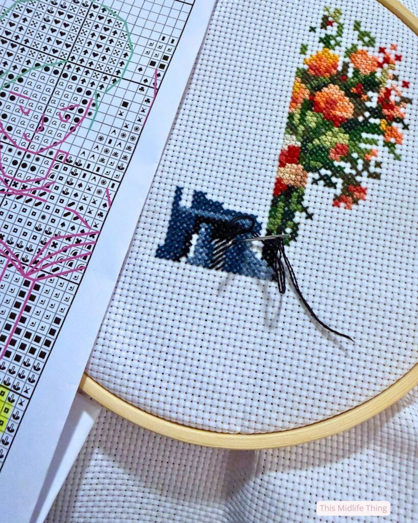 Close-up of a floral cross stitch project in progress with a pattern beside it, representing rediscovering hobbies and making time for yourself in midlife.