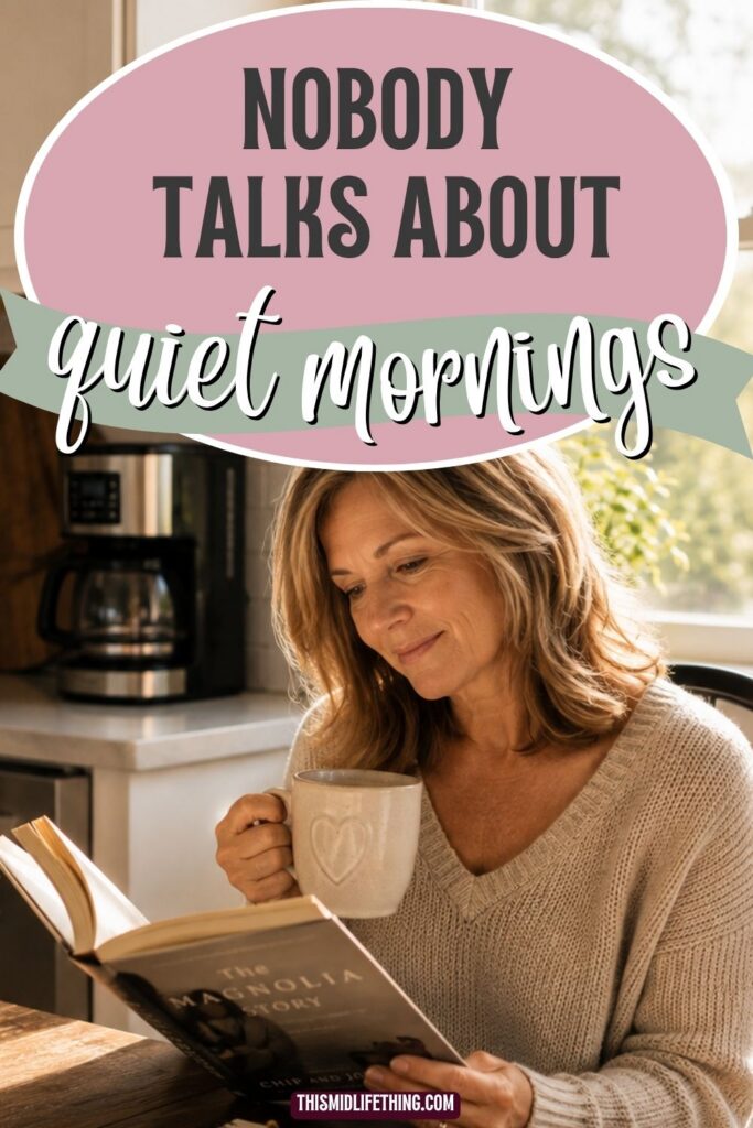 Quiet mornings in midlife look like enjoying coffee and reading a book in a cozy, sunlit kitchen.