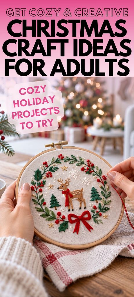 Pinterest pin for Christmas craft ideas for adults featuring hands stitching a festive reindeer embroidery hoop in a cozy Christmas living room, with text reading “Get Cozy & Creative” and “Cozy Holiday Projects to Try.”