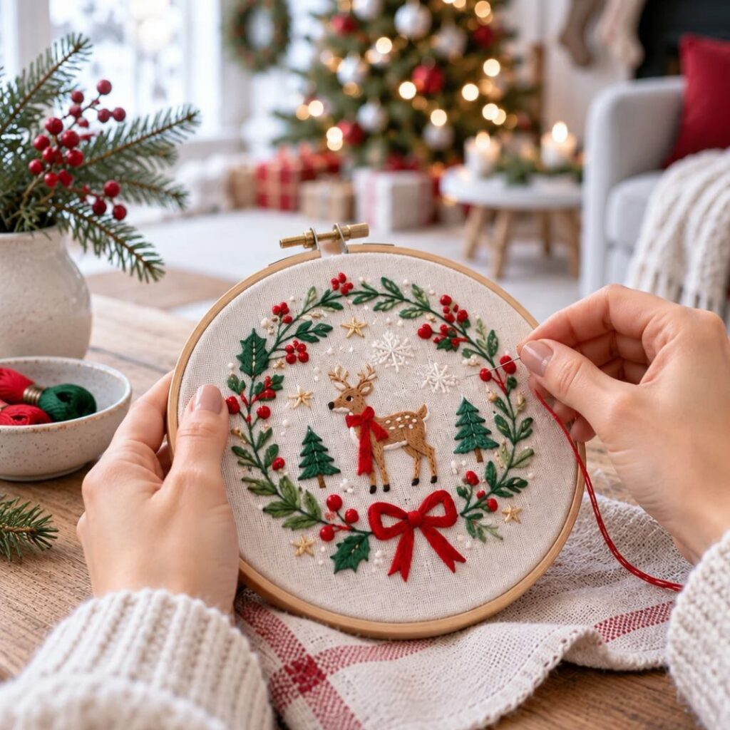 Hands stitching a Christmas embroidery hoop featuring a reindeer, holly, red berries, and snowflakes, with a decorated Christmas tree softly blurred in the background.